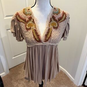 Free People Tan Embellished Blouse